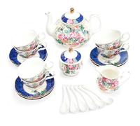 fanquare 15 Piece Blue Flower Afternoon Tea Set, Bone China Coffee Set, Vintage Ceramic Tea Service for Adults
