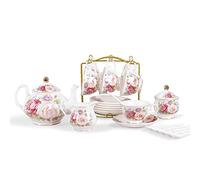 fanquare 15 Pieces Porcelain Tea Set Service, Blue Floral Afternoon Tea Set, British Coffee Cup and Saucer Set (Pink)