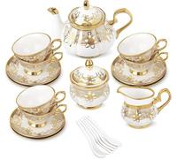 fanquare 15 Pieces Vintage Floral Tea Set Golden Coffee Cup and Saucer Set of 6 British Ceramic Tea Cup with Spoon Afternoon Party Gifts