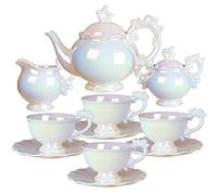 fanquare 15 Pieces White Porcelain Tea Set, British Coffee Set with Creamer and Sugar Bowl, Wedding Tea Service for Adults