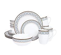 fanquare 16-Piece Geometric Pattern Dinner Sets,Porcelain Tableware Set,Service for 4,White Dinnerware Sets with Kitchen Plates,Cereal Bowls,Mug