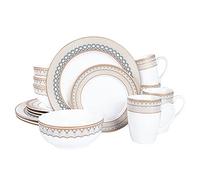 fanquare 16-Piece Stripes Gold Rimmed Dinner Sets,Porcelain Tableware Set,Service for 4,White Dinnerware Sets with Kitchen Plates,Cereal Bowls,Coffee Mug