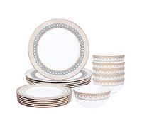 fanquare 18-Piece Stripes Gold Rimmed Dinner Sets,Porcelain Tableware Set,Service for 6,White Dinnerware Sets with Kitchen Plates,Cereal Bowls