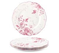 fanquare 21.6cm Pink Floral Dessert Plate Sets of 4 British Elegant Porcelain Snack Appetizer Dinner Plates Service Microwave & Dishwasher Safe