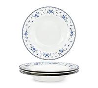 fanquare 21.8cm Wide and Shallow Soup Bowls Set of 4, Porcelain Blue and White Soup Plates Set, Pasta Bowls for Housewarming Gifts