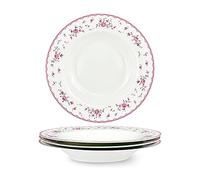 fanquare 21.8cm Wide and Shallow Soup Bowls Set of 4, Porcelain Pink Rose Floral Soup Plates Set, White Pasta Bowls