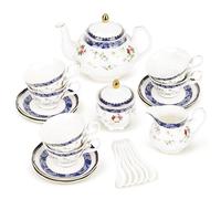 fanquare 21 Pieces Blue Rose British Afternoon Tea Set, Modern Porcelain Tea Pot Set, Vintage Bone China Coffee Cup and Saucer Set, Adults Tea Service for 6