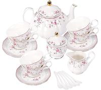 fanquare 21 Pieces British Pink Rose Porcelain Tea Set with Spoons | Elegant Coffee Cup and Saucer Set for 6, Afternoon Tea Party Service for Adults