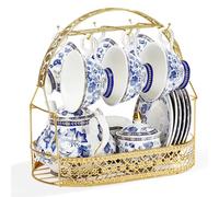 fanquare 21 Pieces British Vintage Porcelain Tea Set, Blue Floral Ceramic Coffee Set with Stand, Cups and Saucer Service for 6, for Afternoon Tea Party