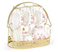 fanquare 21 Pieces British Vintage Porcelain Tea Set, Red Leaves Afternoon Tea Set, Ceramic Coffee Set with Stand Spoons for Women Wedding