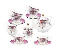 fanquare 21 Pieces Porcelain Tea Party Set, Pink Rose Floral Tea Cup and Saucer Set of 6, Coffee Tea Set