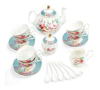 fanquare 21 Pieces Porcelain Tea Set Service, Green Flowers Afternoon Tea Set, Rose Coffee Set with Teapot Cup and Saucer