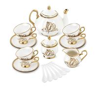 fanquare 21 Pieces Silver Floral Vintage Porcelain Afternoon Tea Set | British Coffee Cup and Saucer Set with Gold Trim for Women Wedding