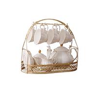 fanquare 21 Pieces Simple White Ceramic Tea Sets,British Tea Pot,Bone China Coffee Cups with Metal Holder Matching Spoons, Afternoon Tea Set Service