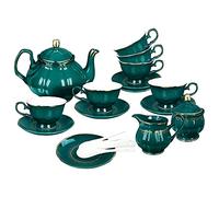 fanquare 21 Pieces Vintage Porcelain Tea Set, Dark Green Coffee Service for 6, with Teapot, Milk Pot, Sugar Bowl, Saucers and Spoons