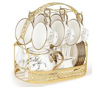 fanquare 21 Pieces Vintage Silver Floral Porcelain Tea Set with Gold Trim | British Coffee Cup and Saucer Set with Stand Spoons for Women Wedding Afternoon Party