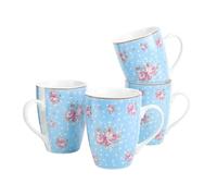 fanquare 300ml Blue Floral Ceramic Coffee Mugs Set of 4, Large Blue and White Porcelain Tea Cups with Handle for Hot Chocolate Cappuccino Latte