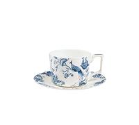 fanquare 9oz Bone China Tea Cup and Saucer Set for 1, Blue and White Coffee Cup with Plate Set, British Floral Porcelain Tea Cup for Women