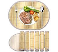 fanquare Bamboo Placemats Set of 6, Rustic Japanese Style Oval Woven Table Mats with Fabric Border Washable Heat Resistant Place Mats for Kitchen Dining Room
