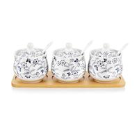 fanquare Blue and White Floral Kitchen Spice Jar, Chinese Sugar Bowl Set of 3 with Lid and Spoon, Ceramic Condiment Pot with Serving Tray for Home and Kitchen