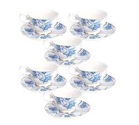 fanquare Blue Floral Tea Cup and Saucer Set of 6 (150ml), British Porcelain Cappuccino Coffee Cups with Gold Border for Birthday, Wedding and Party