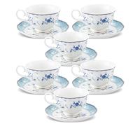 fanquare Blue Floral Tea Cup and Saucer Set of 6, Elegant British Porcelain Coffee Cups, Afternoon Teacups for Women Adults 140ml