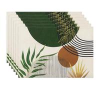 fanquare Boho Linen Place Mats for Table 6 Green Leaf Geometric Printed Placemats Large Cotton Linen Non-Slip Tablemats for Party Kitchen Restaurant (45x30CM)