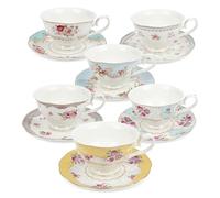 fanquare British Tea Cup and Saucer Set for 6, Elegant Rose Floral Porcelain Tea Service, Tea Party Set for Women