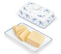 fanquare Ceramic Butter Dish with Lid, Porcelain Countertop Butter Container with Handle, White and Blue Floral Butter Dish, 18cmx11.3cmx5cm