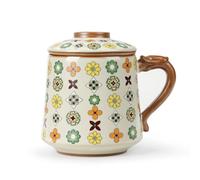 fanquare Ceramic Tea Cup with Infuser and Lid, Colorful Flowers Chinese Tea Mugs, Large Tea Steeping Mug for Loose Leaf 450ml