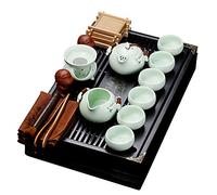 fanquare Chinese Ceramic Kung Fu Tea Set With Tea Tray And Small Tea Tools, Porcelain Tea Service, Light Green