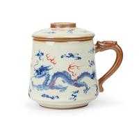 fanquare Chinese Tea Cups with Infuser and Lid, Blue Loong Tea Mugs, Porcelain Large Tea Steeping Mug for Home Gifts 450ml