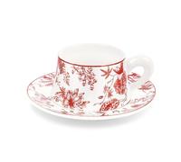 fanquare Coffee Cup and Saucer Set of 1, Red Floral Coffee Cup Sets, 260ml Retro China Tea Cups, Porcelain Cappuccino Cups for Latte Cafe Mocha or Tea, Baristas Gifts
