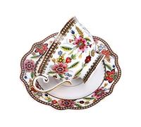 fanquare Fine Bone China British Coffee Cup and Saucer Set, Red Floral Vintage Porcelain Tea Cup, 200ml