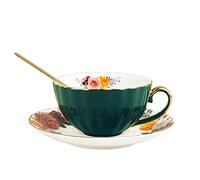 fanquare FKT0514B 7oz Tea Cup and Saucer Set for 1, Ceramic Tea Cup with Gold Trim, Porcelain Coffee Mug with Spoon, Dark Green