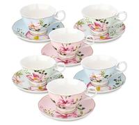 fanquare Floral Tea Cups and Saucers Sets of 6 British Pink Blue Green Bone China Coffee Cups with Gold Rim Afternoon Tea Gift Set for Women 150ml