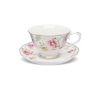 fanquare Flower Ceramic Coffee Cup and Saucer Set, Elegant Floral Tea Cup with Plate, 230ml Porcelain Afternoon Teacup for Cappuccino, Latte Home, Café, Gift