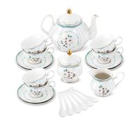 fanquare Green Flowers Afternoon Tea Set, 21 Pieces British Bone China Tea Pot Set, Vintage Wedding Party Coffee Set, Adults Tea Service for 6