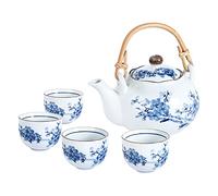 fanquare Japanese Blue Plum Blossom Ceramic Tea Set, White Porcelain Tea Service, Handmade Teapot Cup Set with Rattan Handle