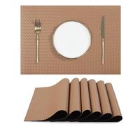 fanquare Khaki Table Mats Set of 6 Rectangular Faux Leather Placemats Double Sided Woven Heat Resistant Washable Non-Slip Tablemats for Dining Kitchen Table Wedding Party Decoration 43 * 30cm
