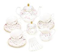 fanquare Pink Floral and Vine Afternoon Tea Set, 21 Pieces British Porcelain Tea Pot Set, Vintage Wedding Bone China Party Coffee Set, Adults Tea Service for 6