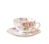 fanquare Pink Floral Tea Cup and Saucer Set Vintage Bone China Expresso Cappuccino Coffee Cup and Plate with Spoon Afternoon Party Gifts