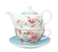 fanquare Pink Floral Tea for One Set, Tea Cup and Saucer Set for Adults, Blue Tea Set with Gold Trim for Party Gift