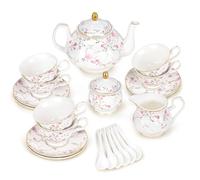 fanquare Pink Floral Tea Set, 21 Pieces British Porcelain Tea Pot Set