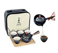 fanquare Portable Japanese Travel Tea Set, Gold Flowers Kungfu Tea Service, One Teapot, 4 Tea Cups, Bamboo Tea Tray with Travel Bag, Dark Green
