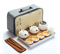 Fanquare Portable Travel Tea Set, Handmade Kungfu Teapot, Porcelain Teacups, Bamboo Tea Tray with Travel Bag, White