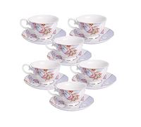 fanquare Purple Floral Tea Cup and Saucer Set of 6 (150ml), British Porcelain Cappuccino Coffee Cups with Gold Border for Birthday, Wedding and Party