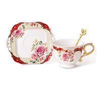 fanquare Red Coffee Cup with Saucer, Floral Ceramic Tea Cup with Gold Trim, Tea Cup Set for Wedding and Anniversary