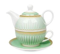 fanquare Teapot Cup and Saucer Set, British Afternoon Tea Set for One with Gold Trim, Porcelain Teapot for Adults Gift, Green Stripes