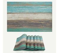 fanquare Vintage Linen Placemats Set of 6, Rectangular Teal Brown Rustic Place Mats, Washable Heat Resistant Table Mats for Dining Table Party Kitchen